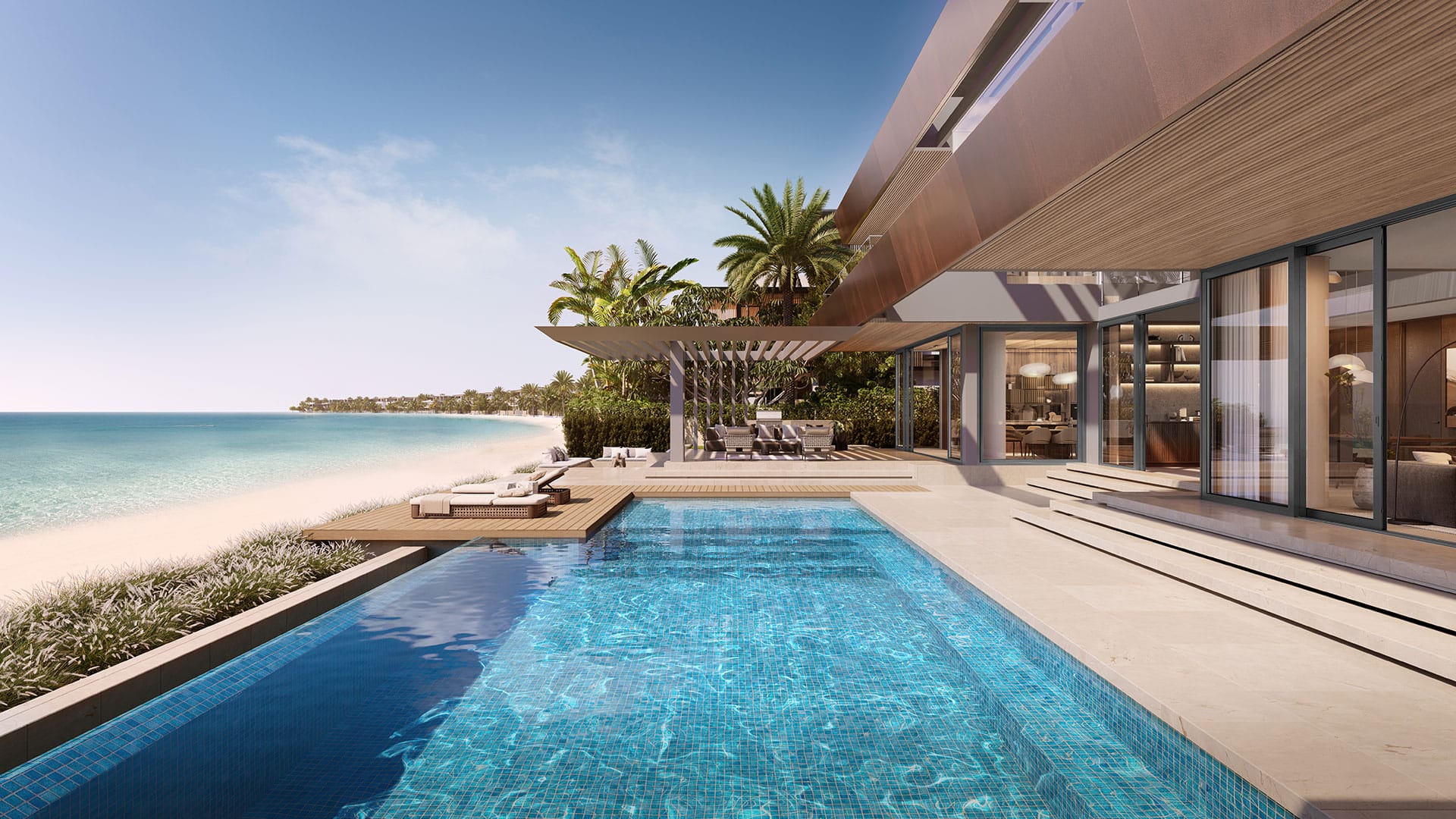 Villa frente al mar en Palm Jebel Ali con piscina y acceso directo a la playa