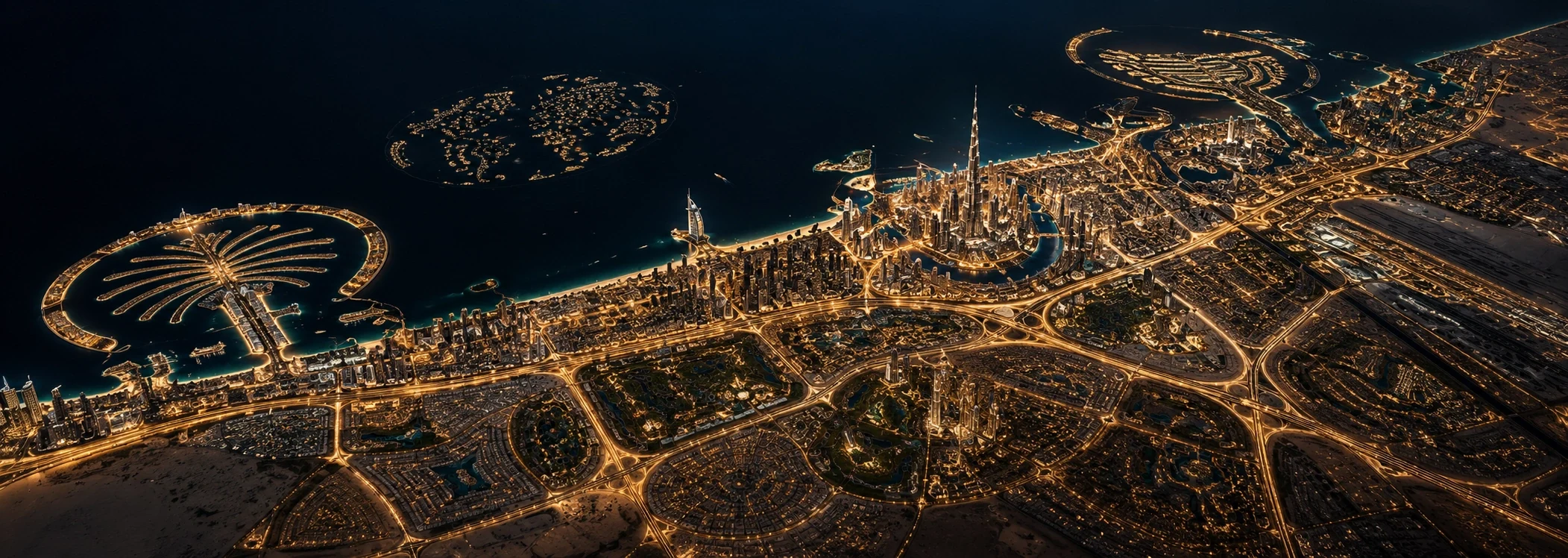 Vista nocturna de Dubái iluminada: Palm Jumeirah, The World, el Burj Khalifa y la costa